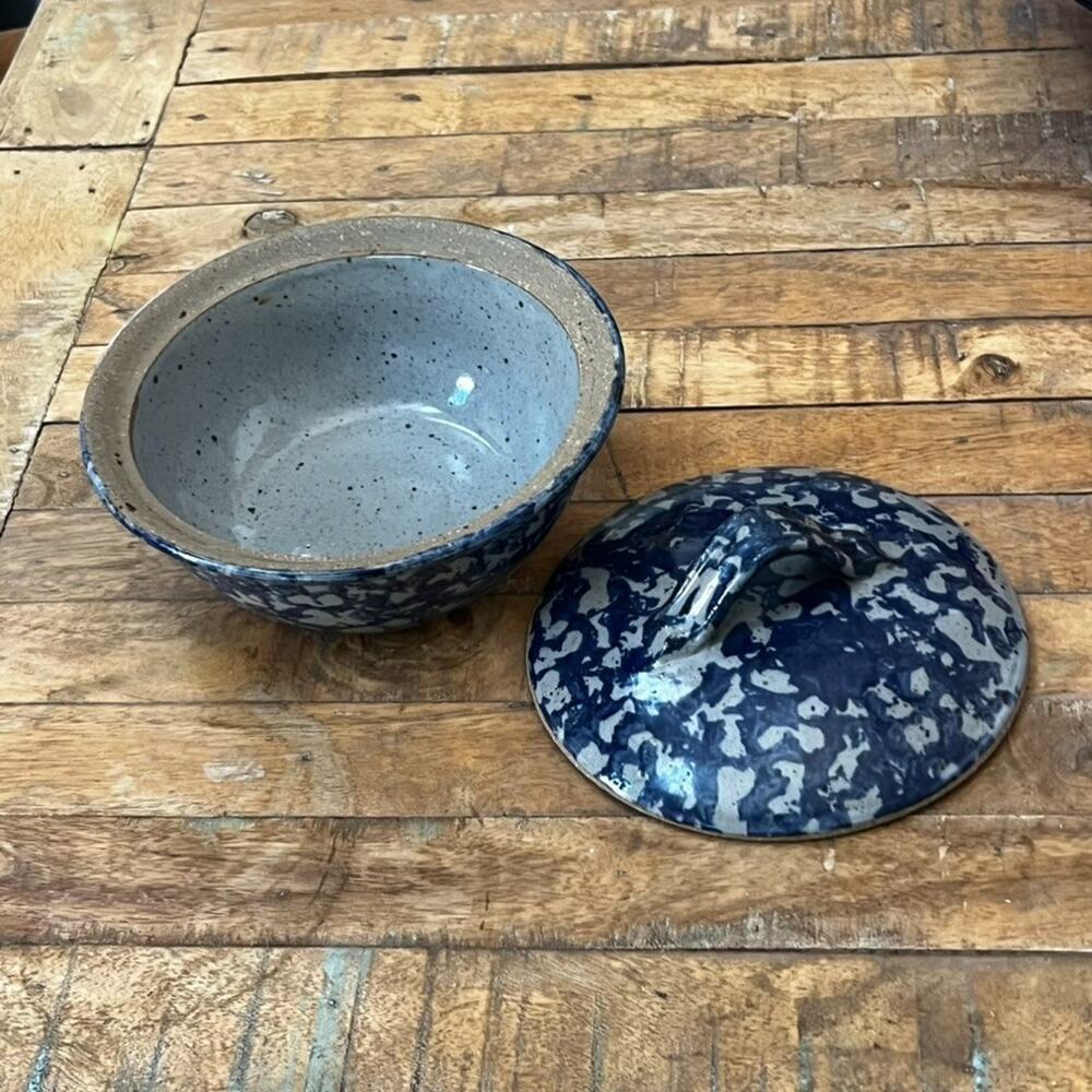 1992 Bastine Pottery Casserole Lidded Dish Blue Stoneware Signed Vintage - Picture 6 of 13